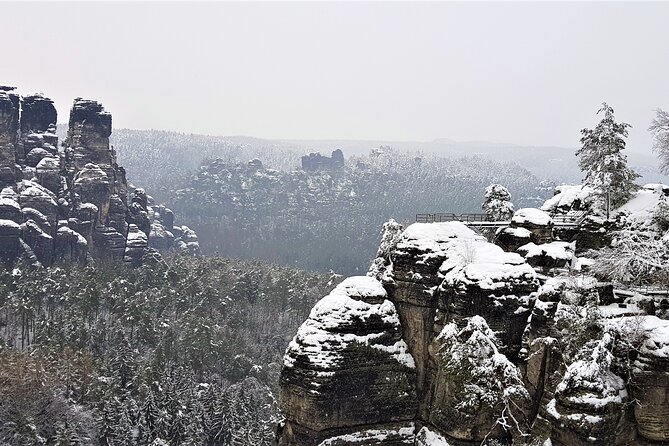 Bohemian and Saxon Switzerland All inclusive trip - Winter Tour - Neurathen Castle ruins beside the bridge