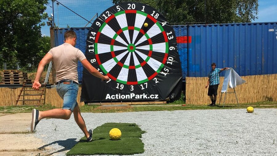 Prague: Giant Football Darts Game with Round of Beers & BBQ - From Prague pickup to the activity center
